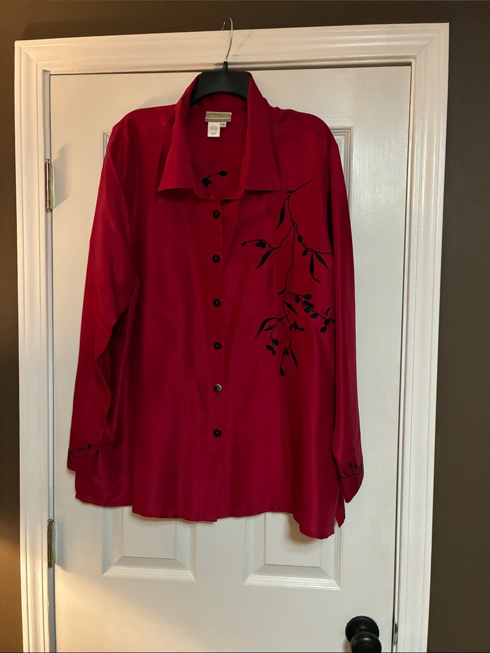 Coldwater Creek Red Button-Up Silk Blouse with Black Botanical Embroidery 2X